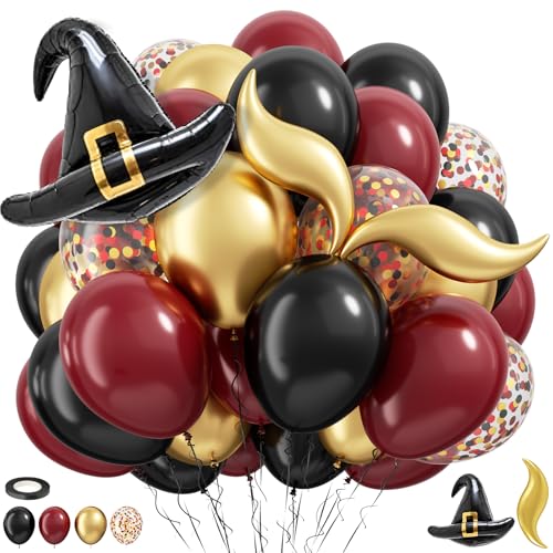 Black Burgundy Balloons 12 Inch Maroon Black Gold Confetti Balloons with DIY Hat and Gold S-shaped Foil Balloon for Boy Girl Birthday Party Graduation Baby Shower Decorations