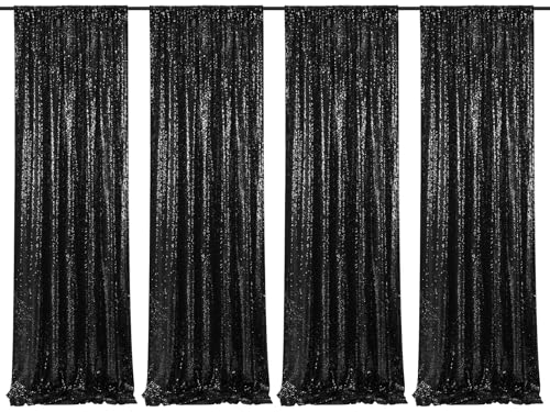 Image of Black Sequin Backdrop Curtain 4 Pcs Bling Fabric Backdrop Sparkly Photography Background Backdrop for Christmas Party Decoration