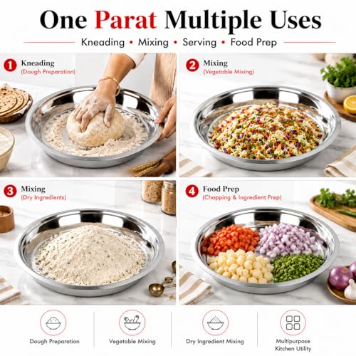 Image of Ajay's Shoppe Stainless Steel Atta Kneading Paraat 2.4 L | 32.5 CM Heavy Gauge Parat for Dough Kneading & Mixing | Mirror Finish