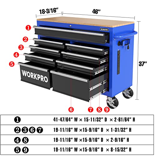 Image of WORKPRO 46-Inch 9-Drawers Rolling Tool Chest, Mobile Tool Storage Cabinet with Wooden Top, Equipped with Casters, Handle, Drawer Liner, and Locking System, 1200 lbs Load Capacity