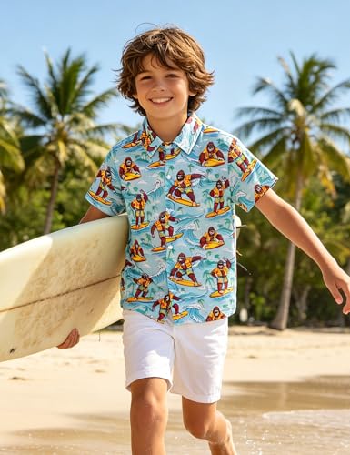 Image of Boys Hawaiian Shirt Kids Button Down Aloha Beach Hawaii Tops 5-14Y | Quick Dry, Breathable, Cooling & Lightweight, For Summer Vacation Holiday, Fourth of July, Youth, Teen, Shark, Dinosaur