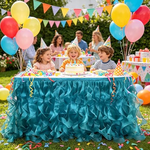 Image of Luxury Organza Mesh Table Skirt Draping Floating Romance - Perfect for Bridal Showers, Birthday Weddings - Clear Flowing Decoration for a Wonderful Main Cake Table (Peacock Blue-6ft, 72 inchLx30 inchH)