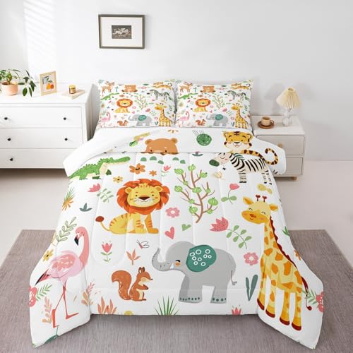Image of Feelyou Toddler Size Cartoon Lions Giraffe Comforter Set Zoo Animals Bedding Set Flamingo Zebra Comforter for Kids Boys Girls Kawaii Animals Duvet Insert 2Pcs