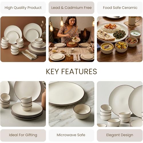 Image of The Earth Store Creme Matte Ceramic Dinner Set, 24 Pieces Includes 6 Full Dinner Plates 6 Quarter Plates & 12 Vegetable Bowls Microwave & Dishwasher Safe | Crockery Set for Gifting & Dining