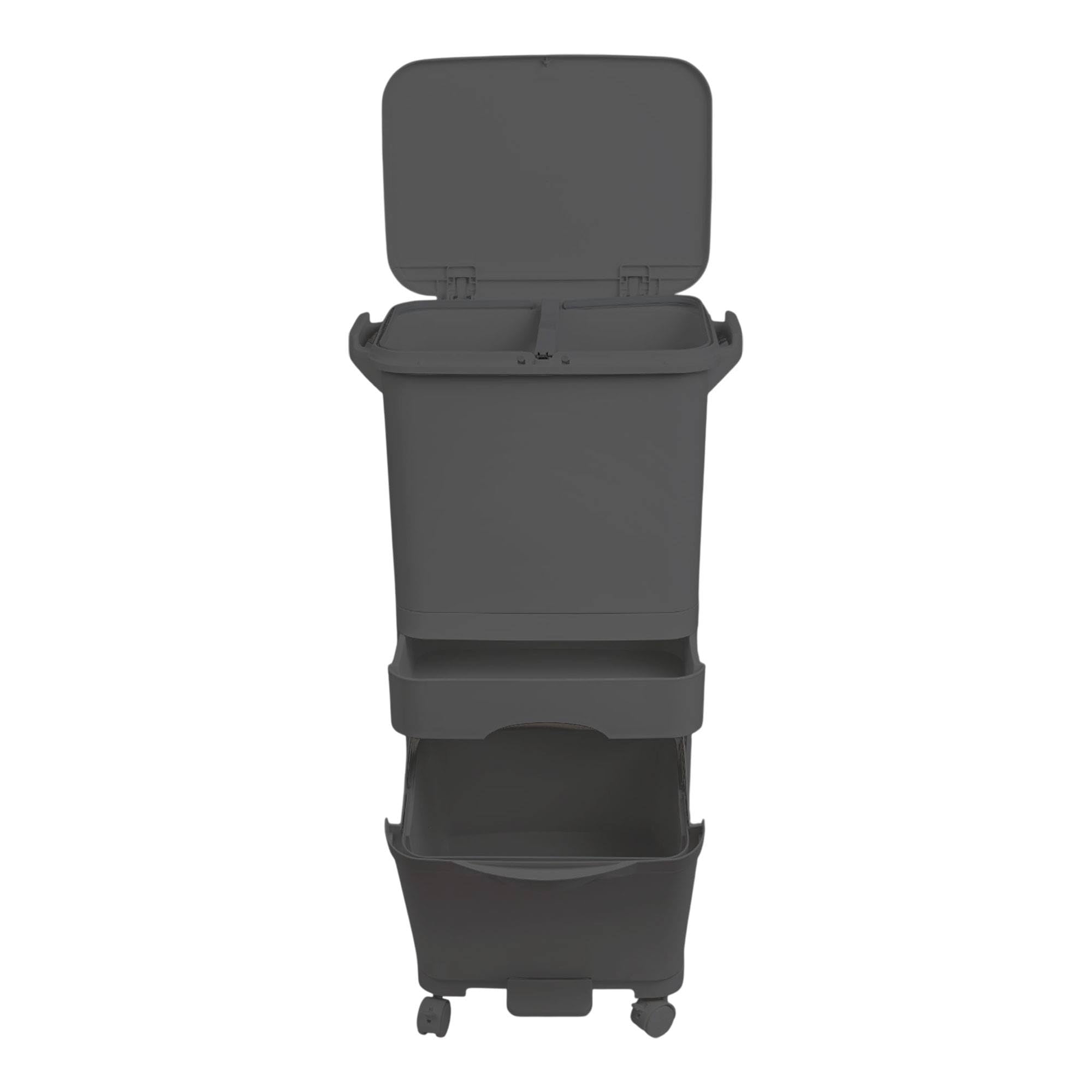 Papelera de reciclaje de clasificación selectiva con pedal, ruedas y asa de triple compartimento de 42L (24L + 4L + 14L) gris antracita