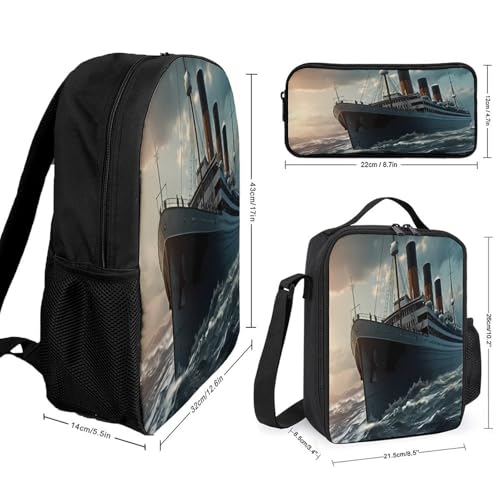 Titanic Sailing Ship 3Pcs Backpack Set 17 Inch Laptop Backpack Travel Daypack with Lunch Box Pencil Case2