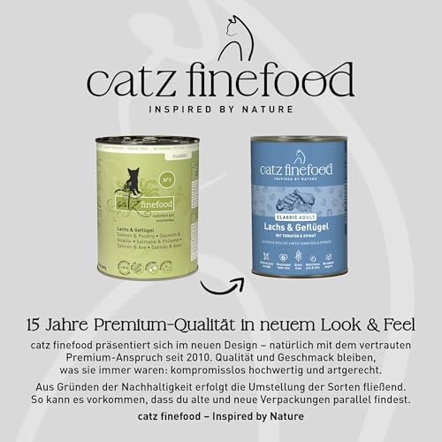 catz finefood N° 5 Lachs & Geflügel Feinkost Katzenfutter nass, verfeinert mit Spinat & Tomate, 6 x 400g Dosen