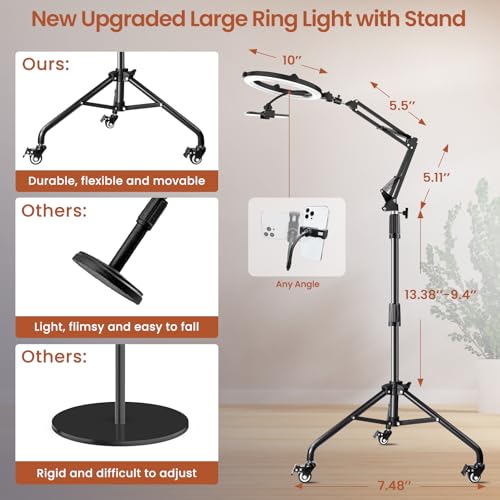 Overhead Phone Tripod for Cooking Videos with Casters, Ring Light with Stand Overhead Phone Mount Holder, Selfie Light Stand for Video Recording, Vlog, TikTok
