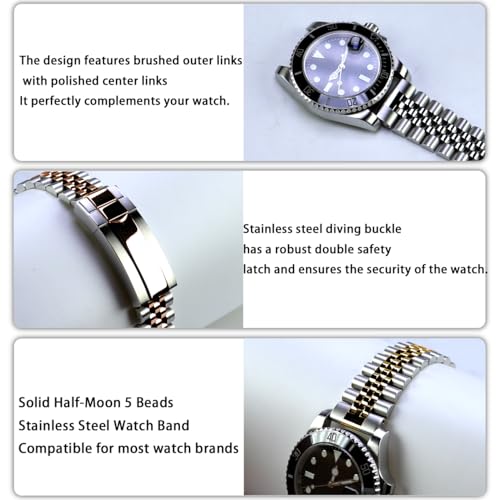 Image of Juntan Screw-in Stainless Steel Watch Band 20mm 21mm 22mm for Men Women, Curved End Straight End Metal Watch Strap with Oyster Buckle, Taperd Replacement Jubilee Bracelet Silver Gold