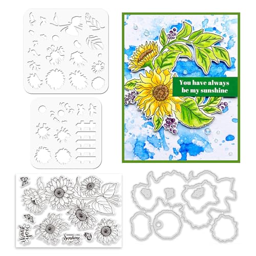 ORIGACH Realistic Sunflower Stamps and Die and Layering Coloring Stencil Bundle for Card Making Album Arts Crafts Supplies