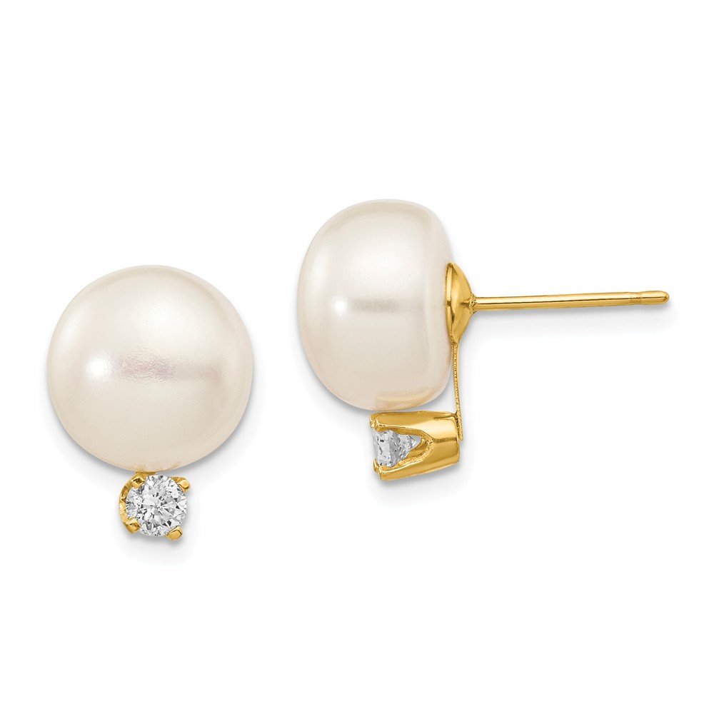 Solid 14k Yellow Gold White Button FW Cultured Pearl Diamond Earrings 10mm x 15mm