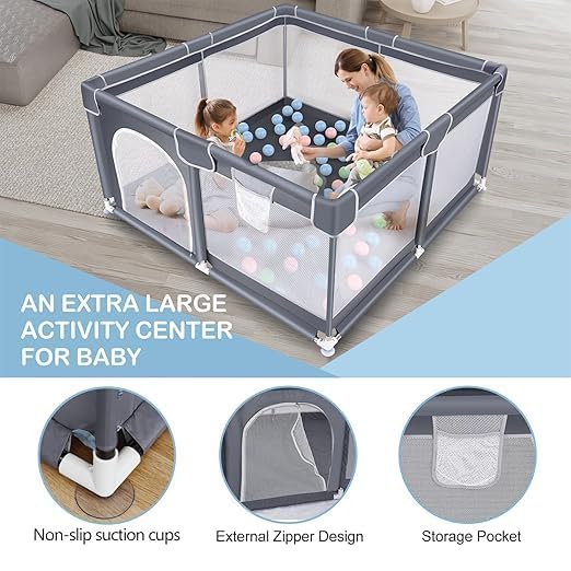 Image of Baby Playpen with Balls - Portable Play Yard with Mesh Panels for Safety & Visibility, Indoor /Outdoor Toddler Activity Fence for Boys & Girls (Gray)