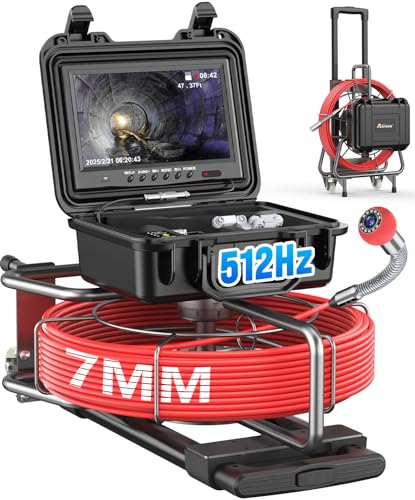Anysun Sewer Camera with Wheels & Handle, 512Hz Sonde, 7MM Cable, Self Leveling, Distance Counter, 32GB Card, 9'' HD Monitor, Sewer Pipe Drain Inspection Camera IP68, DVR Industrial Borescope (165Ft)