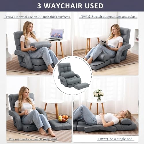 Image of Floor Chair for Adults with Back Support, 14-Position Adjustable Floor Sofa with Pillow & Armrests, Faux Leather Floor Lounger Chair for Gaming, Reading & Living Room (Grey)