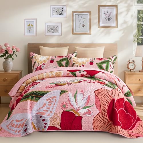 Image of Tyrot 3 Piece Pink Boho Floral Full /Queen Quilt Sets Farmhouse Botanical Reversible Lightweight Bedspread with 2 Shams Butterfly Microfiber Bedding Quilts Set for All Season, 90''x96''