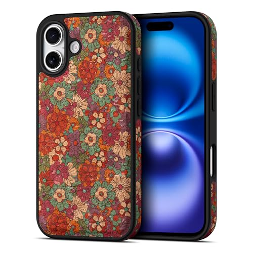 Coque iPhone 16 motif floral rouge Protection élégante en bois doux