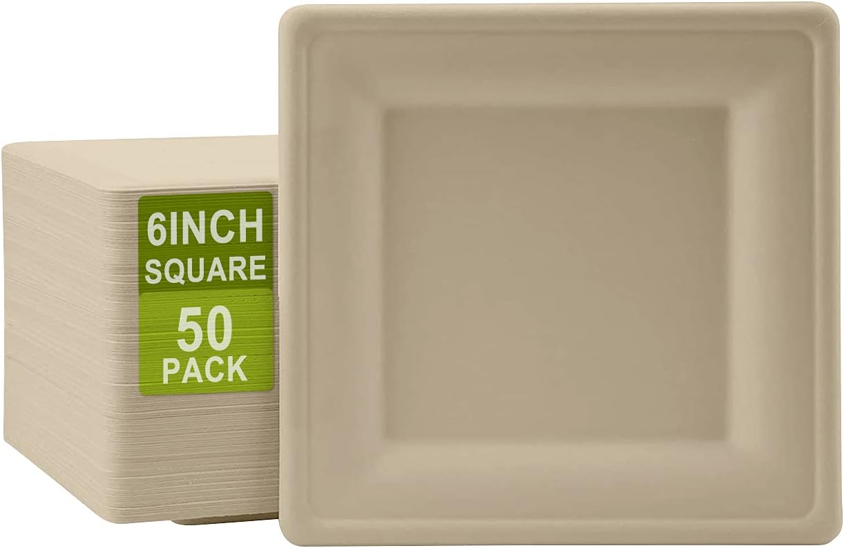 50 Pack Disposable Paper Plates 100% Compostable 6 Inch Square Biodegraded Square Plates Paper Appetizer Heavy Duty Dinner Platters for Party, BBQ, Picnic