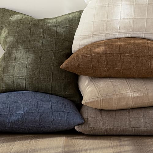 Image of Foindtower Set of 1 Decorative Linen Check Throw Pillow Cover Neutral Farmhouse Vintage Cushion Cover Modern Boho Home Decor for Sofa Chair Couch Bedroom Living Room,20x20 Inch,Light Brown