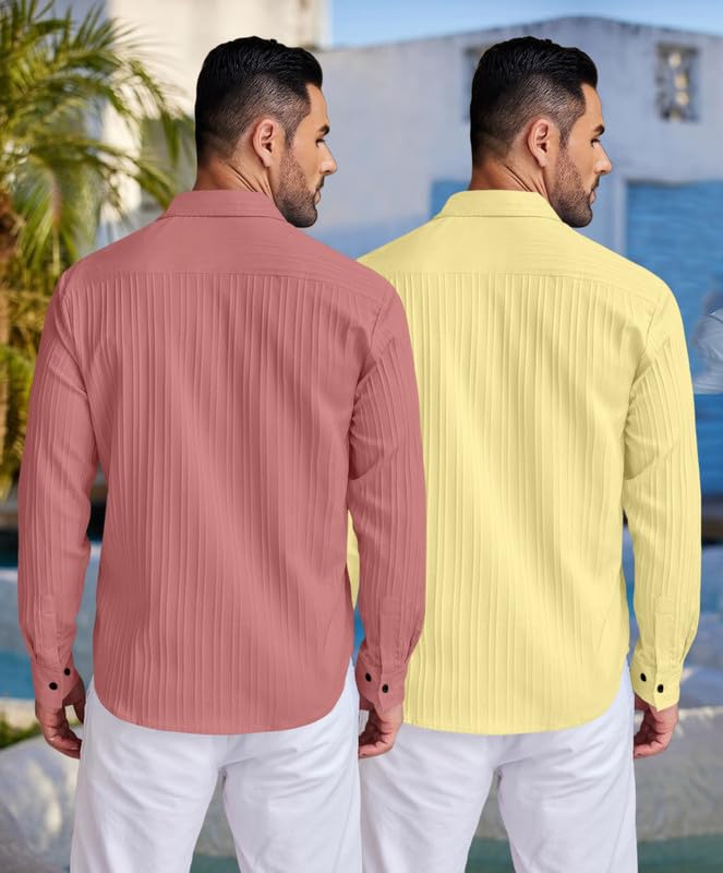 Image of FINIVO FASHION Men's Cotton Blend Shirt Set Lightweight, Full Sleeves, Plain Texture, Button Closure, Summer Ready (Pack of 2)