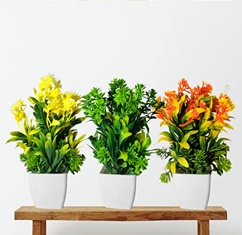 Image of Artificial Flower Plants for Home Decor - Set of 3 Mini Potted Plants in White Pots | Ideal for Living Room, Office, Indoor Outdoor Decoration