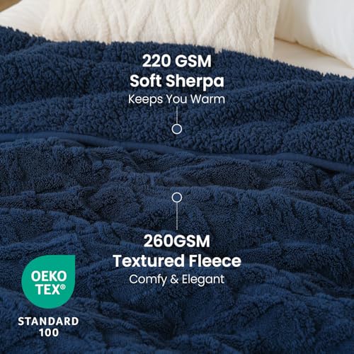 Image of Drewin Weighted Blanket for Adults 20lbs Dual Sided Sherpa Weighted Blankets Posh Jacquard Cozy Warm Weighted Throw Blanket for Sleeping and Calming, Queen Size 60x80 inches, Navy Blue
