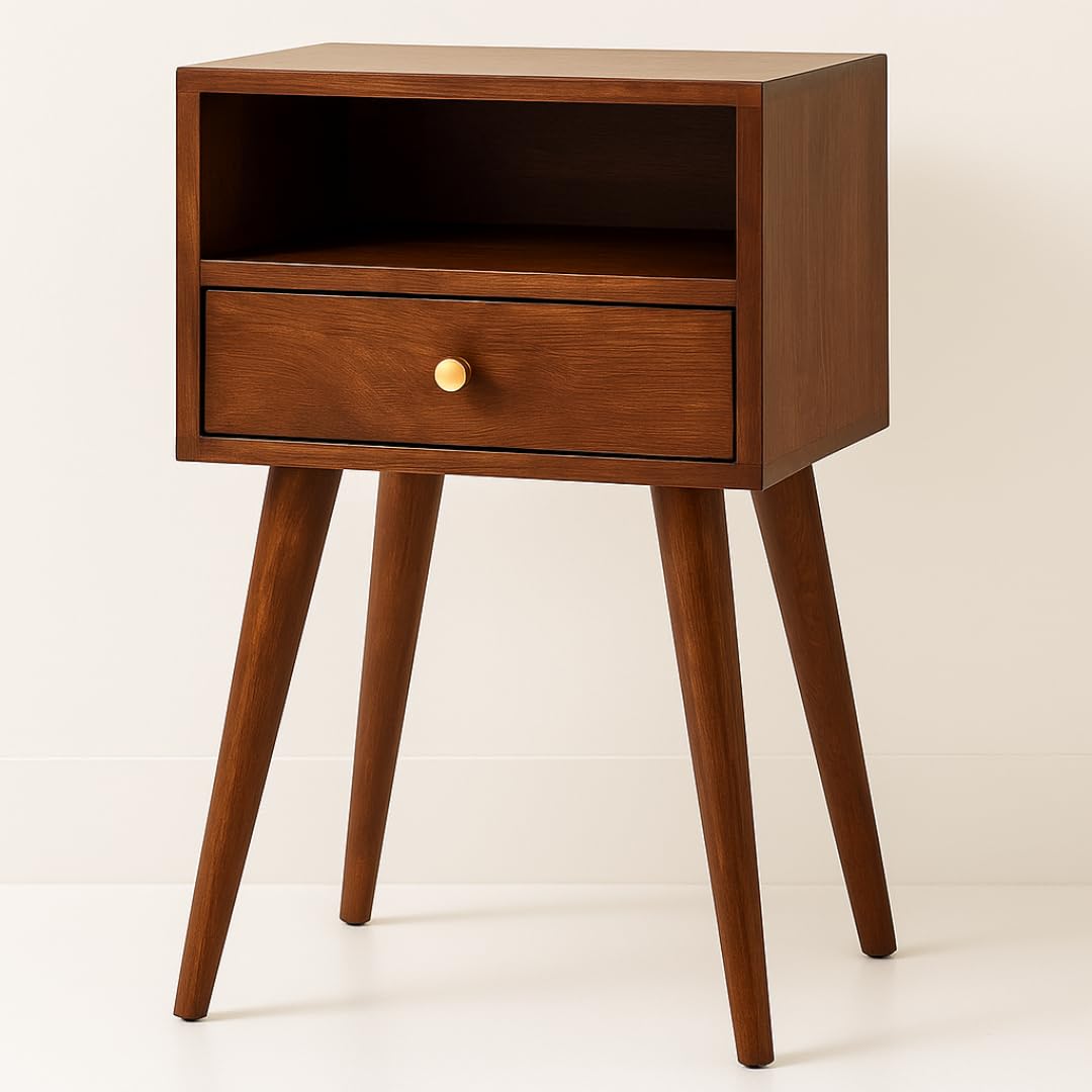 AMAZE SHOPPEE Solid Wood Bedside Table for Bedroom | Mid-Century Modern Nightstand with Drawer & Open Shelf | Side Table for Living Room | Wooden End Table with Storage | Walnut Finish