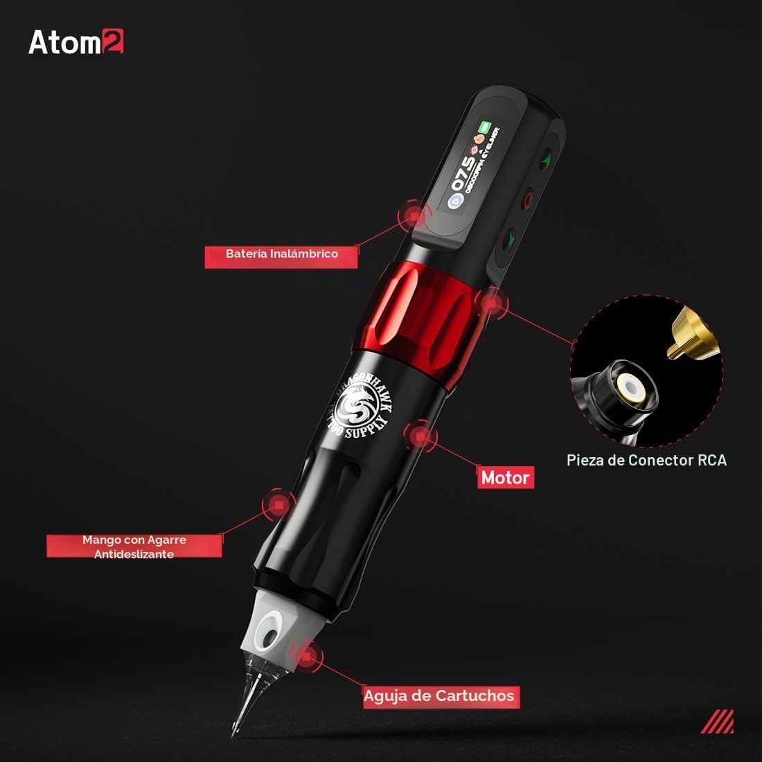 Dragonhawk Atom2 Máquina de Tatuar Rotary Tattoo Microblading Pen 2,8mm Strokes Length 1 Baterías & Conector RCA for Eyebrow Eyeliner Lip (RED 1 BATTERY)