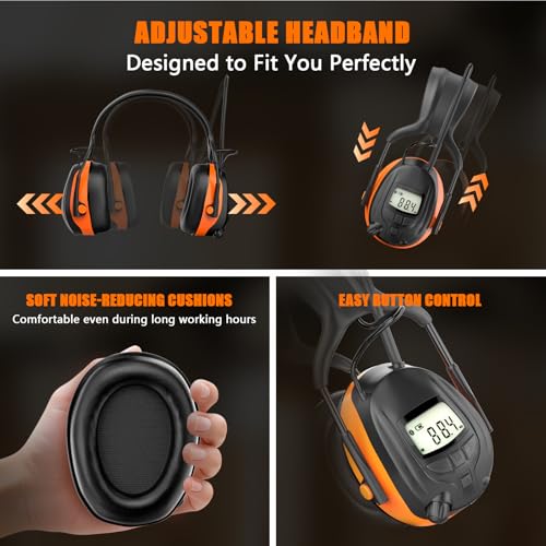 Image of Gardtech Bluetooth 5.3 AM /FM Radio Hearing Protection,29dB SNR Safety Earmuffs with Digital Display, Rechargeable Noise Cancelling Headphones for Mowing, Workshops and Snowblowing Orange
