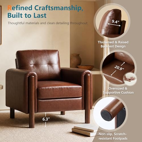 Image of STHOUYN 35 inch Brown Leather Oversized Accent Chair Set of 2 with Wood Armrests, Mid-Century Modern Tufted Living Room Chair, Comfy Reading Sofa Chair Lumbar Support & Thick Cushion Waiting Room Office