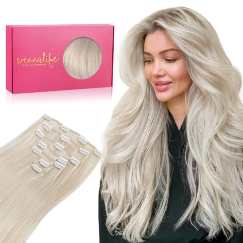 WENNALIFE Clip in Hair Extensions Real Human Hair, 16 Inch 120g 7pcs Platinum Blonde Human Hair Remy Clip in Hair Extensions Real Human Hair Double Weft