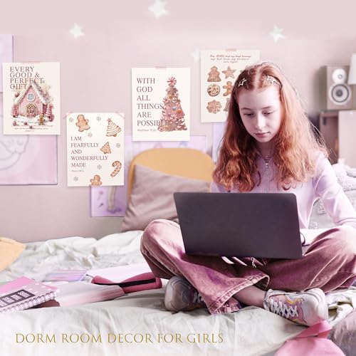 Image of LARTSFRO Coquette Pink Christmas Gingerbread House Gifts Wall Art Decor Posters, Cute Christmas Gingerbread Man Christian Room Bathroom Bedroom Dorm Wall Art Decor Aesthetic for College Teen Girls Gifts, Inspirational Bible Verses Gingerbread Wall Decor, 10x8 Inch Set of 4 Pcs Christmas Pictures (UNFRAMED)