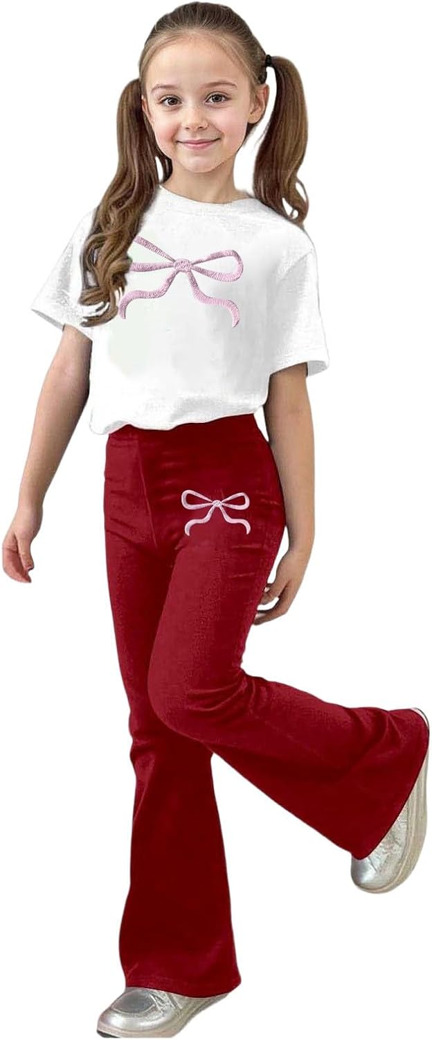 Girls Spring Outfits Short Sleeve Bow Printed T Shirt for Kids Flared Bottom Pant Tween Girl 2 Pieces Clothing Sets
