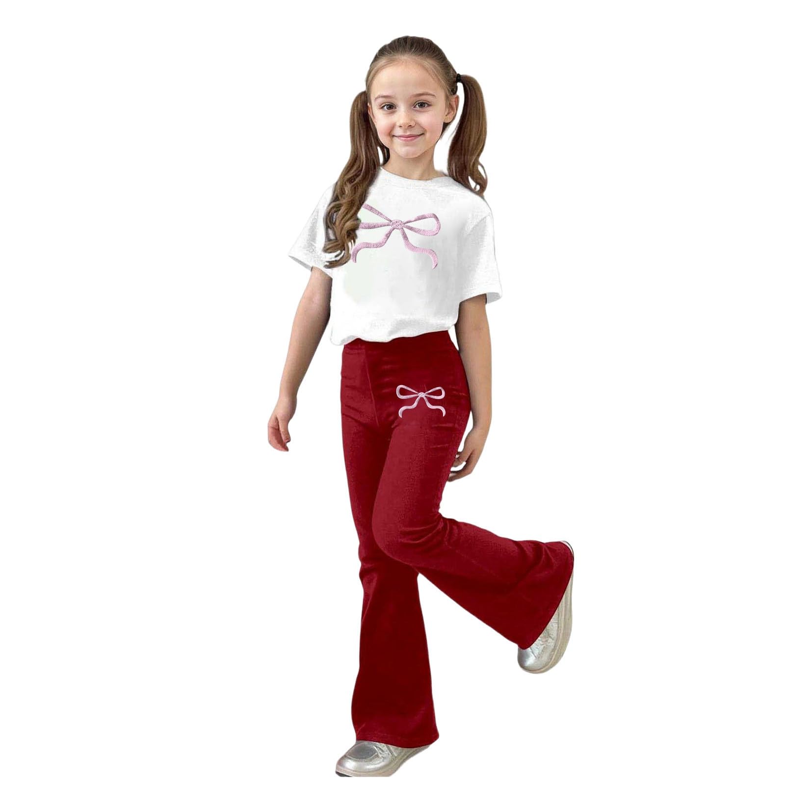 Ensemble Fille, Deux Pièces Décontracté Et Élégant Pour Filles, Avec Imprimé Nœud Et Pantalon Évasé. Confortable Pour Le Quotidien., Séchage Rapide
