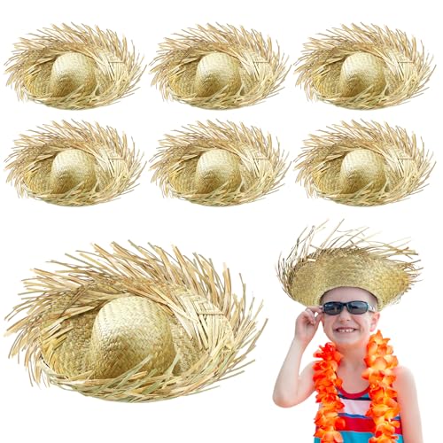 Twistover 6 Pack Hawaii Straw Beach Hat Costume Accessory Beachcomber Hats for Kids Straw Farmer for Girls Boys Beach Themed Luau Party Khaki