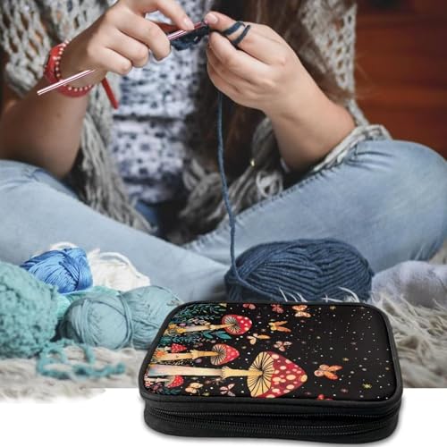 Image of Mushroom Crochet Hook Case with Web Pockets Floral Crochet Storage Organizer with Web Pockets Knitting Needle Case for Hooks, Knitting Needles Supplies