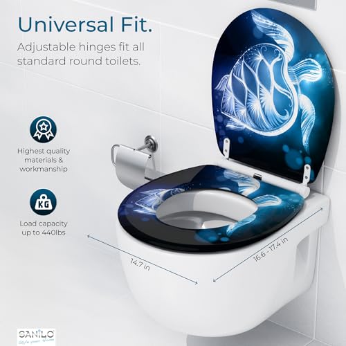 Image of Sanilo Wooden Toilet Seat with Quick Release & Soft Close [ROUND] - Decorative & Slow Close Molded Wood Seat - With One Click for Easy Installation & Cleaning - With Adjustable Fit (Glow Turtle)