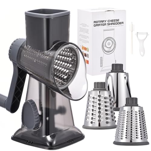Image of Rotary Cheese Grater with Handle Kitchen Shredder Slicer Grater Slicer Ice Shaver Cheese Vegetable Nuts Potato Zucchini Chocolate 3 Interchangeable Blades (Grey TSP)