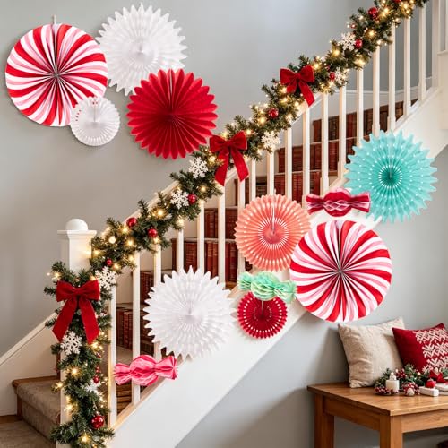 Image of PAPER JAZZ 12pcs Candy Paper Fans Christmas Decoration,Candy Honeycomb Christmas Decorations,White and Red Xmas Decoration Wall /Ceiling for Classroom,Bulletin Board,Winterwonderland,Office Decor.