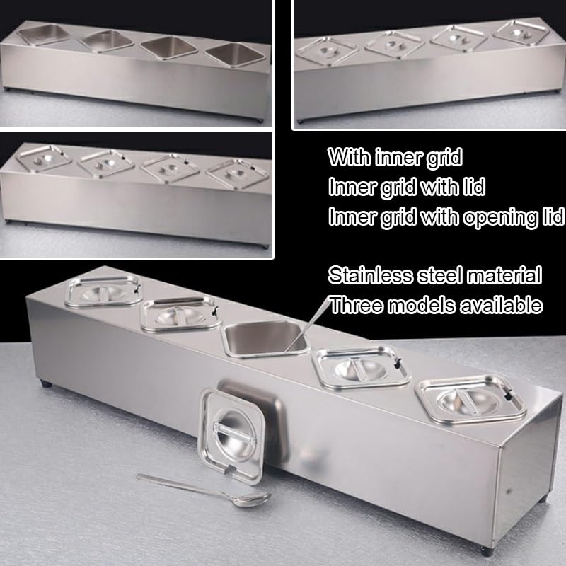 XLIHAWY Pizza Topping Station, Stainless Steel Condiment Container Dispenser, Pizza Oven Accessories with Removable Containers for Salad Bar Grill Table(Silver-B,78x20x16cm)