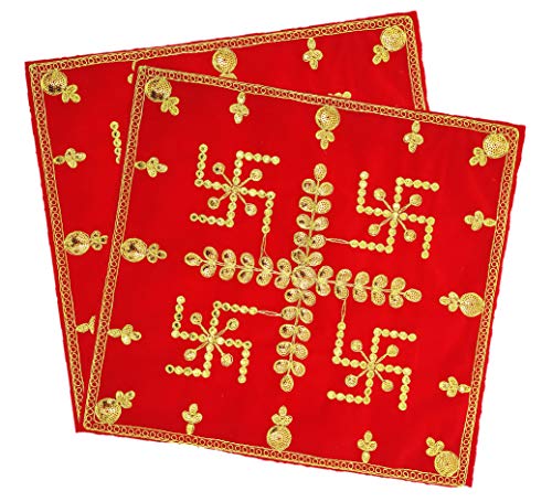 Rote Samt Pooja Aasan - 8 Stück Bestickte Gebetsmatten Für Gottesidole (12,7x12,7cm)