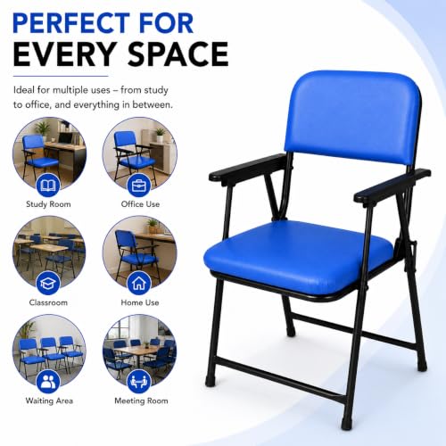 Image of Foldable Cushioned Chair with Armrests | Heavy Duty Metal Frame | Soft Padded Seat & Backrest | Space Saving Folding Chair for Home, Office, Study & Guest Seating | Blue