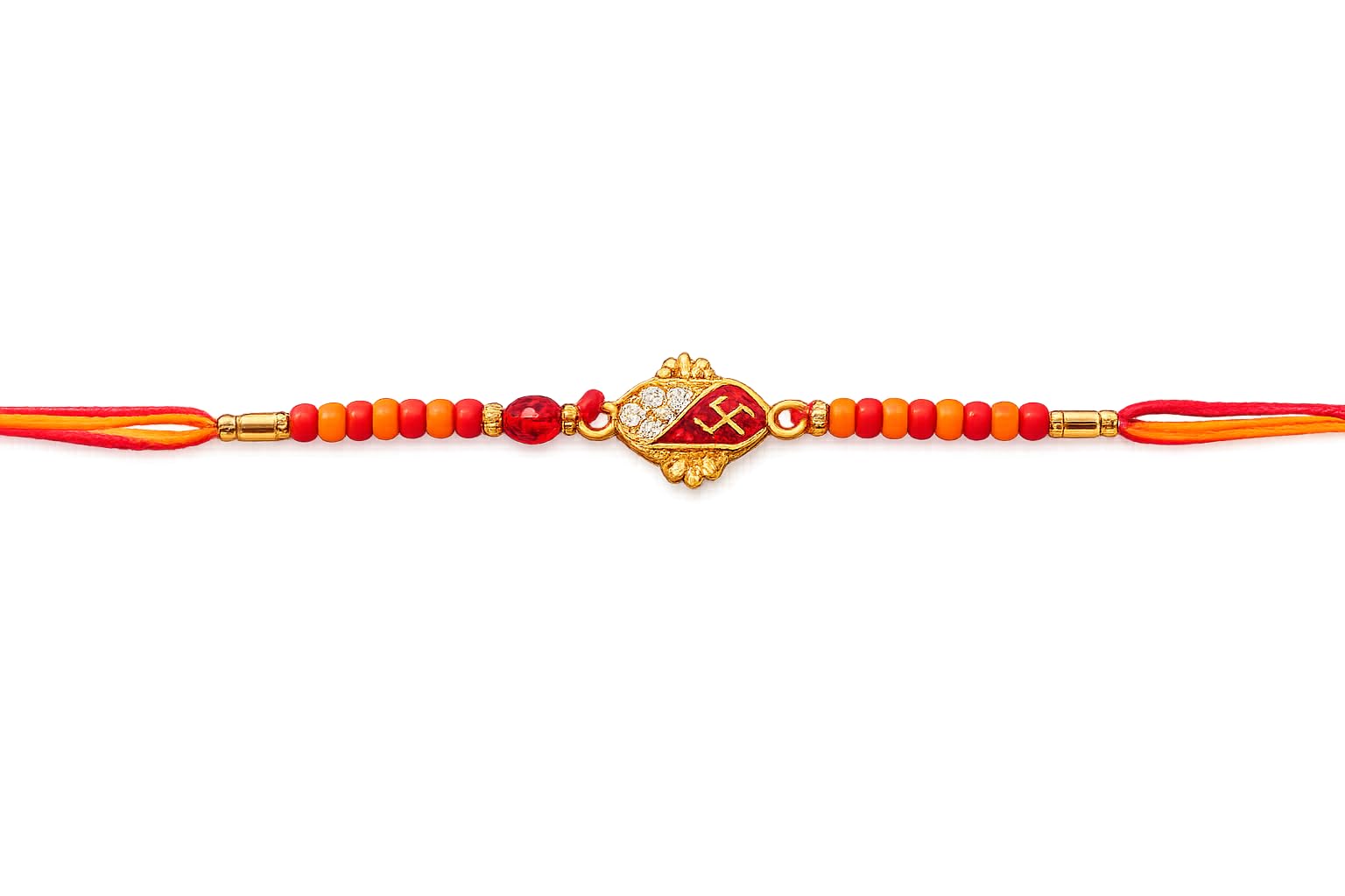 Swastik Rakhi with Red and Orange Beads, Gold-Toned Charm, Traditional Raksha Bandhan Thread p-image-35