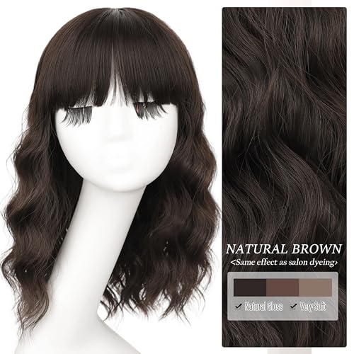 Image of Nnzes Short Wavy Bob Wig with Bangs for Women Shoulder Length Curly Soft Brown Synthetic Heat-Resistant Fiber Hair for Daily & Party Use