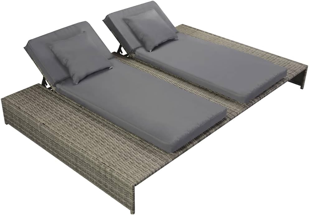 Double Sun Lounger with Cushion Adjustable Outside Patio Sunlounger.Outdoor Garden Lounge Chair,Poly Rattan Gray