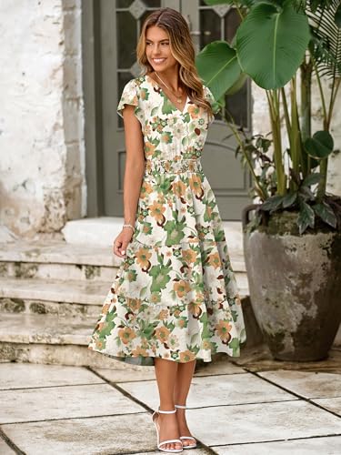 Image of BerryGo Women's Floral Boho Ruffle Summer Midi Dress Short Sleeve V Neck Empire Waist Swing Flowy Dress