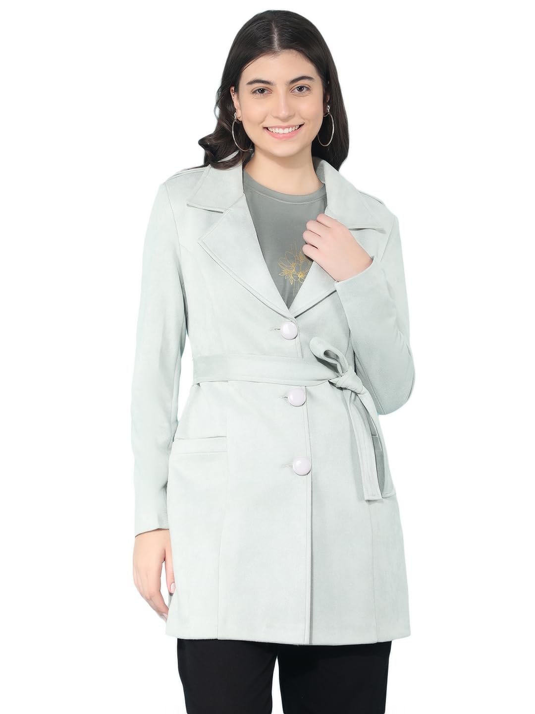 crimsoune club Women's Green Notched Lapel Colllar Trench Coat-picture-27