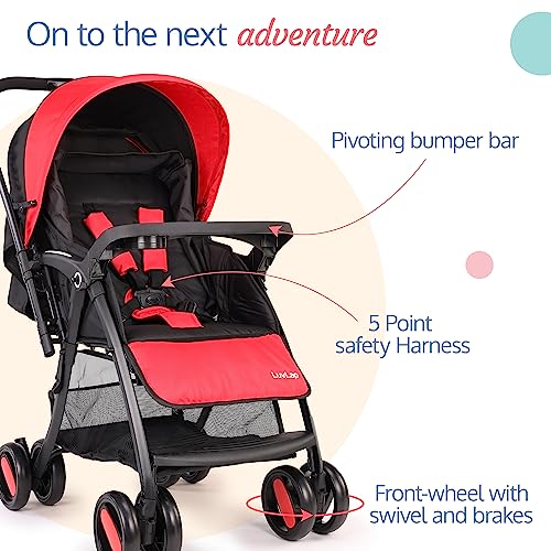 Image of LuvLap Golf Baby Stroller /Pram with 5 Point Safety Harness, 0-3 Years, Multi Level Recline & Adjustable footrest, Extendable Canopy, Red & Black