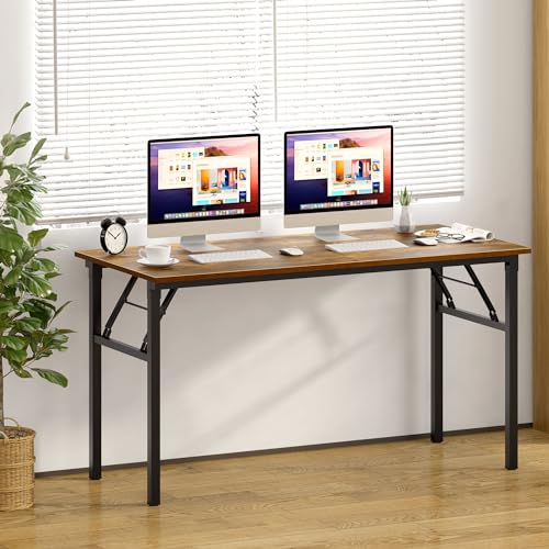 Image of Need Office Computer Desk 60 Inch Sturdy Folding Laptop Table Retro | Black Frame Writing Gaming Work Table /Foldable Home Office Desk /Sewing Table, No Assembly Required