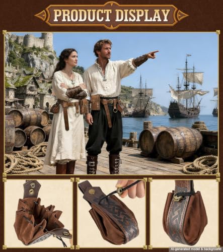 Image of 7PCS Renaissance Accessories - Medieval Belt, Viking Leather Bracers, Belt Pouch & Money Bag for Halloween Cosplay