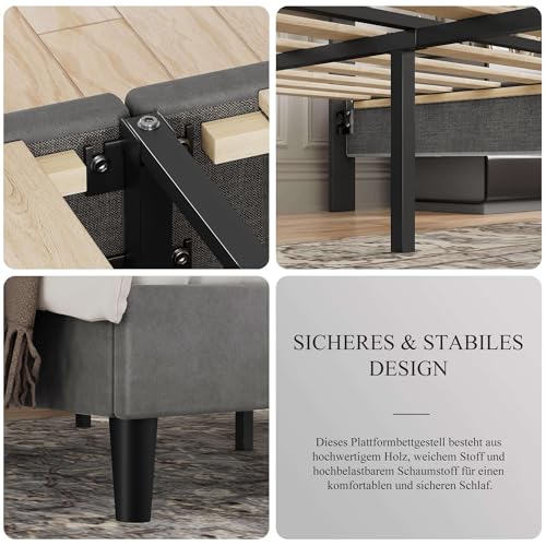 VECELO Polsterbett 140 x 200 cm Doppelbett Bettrahmen mit Höhenverstellbarem Kopfteil, Gepolstertes Bettgestell mit Lattenrost, Samtbezug, für Erwachsene & Jugendliche, Ohne Matratze, Grau